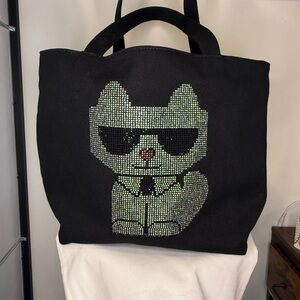Black Tote Bag with Cat Design